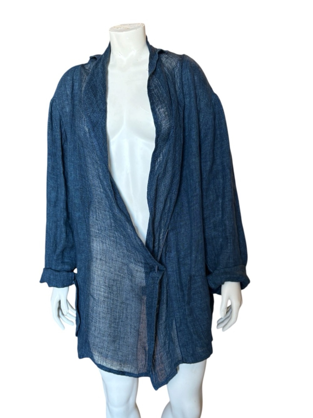 Sulu kristen bernecker linen Tie Open Front Lightweight Sheer Blue Jacket L/XL